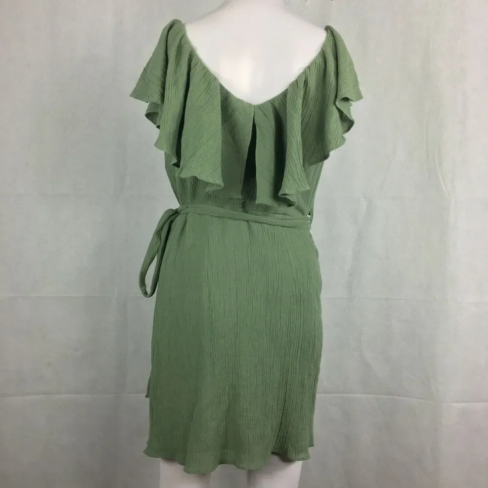 Free People Dress Womens Sz S Green Ruffled‎ Crinkle Mini Wrap Sundress V-Neck